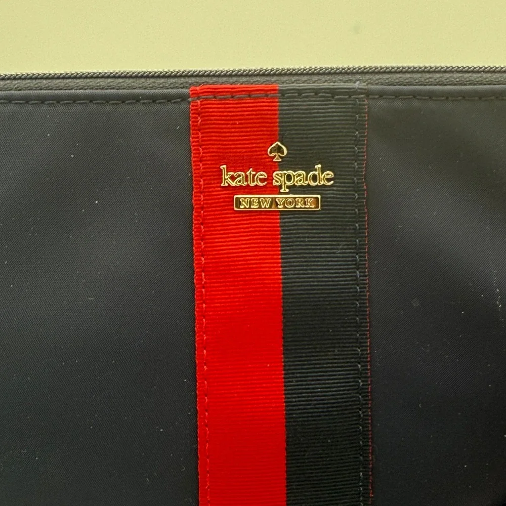 Kate Spade Navy Nylon Cosmetic Bag Red Black Stripe Logo Makeup Pouch